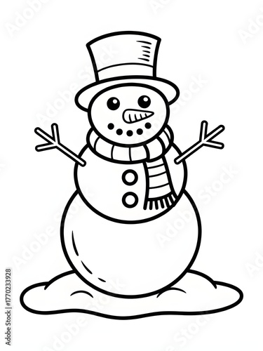 A black and white drawing of snowmen and a snowman, Cheerful smiling snowman character wearing a top hat with stick arms and a carrot nose winter holiday illustration