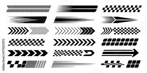 Racing Car Stripes and Decal Set. Speed Lines, Checkered Flag Patterns, and Motorsport Graphics for Car Tuning and Vehicle Customization