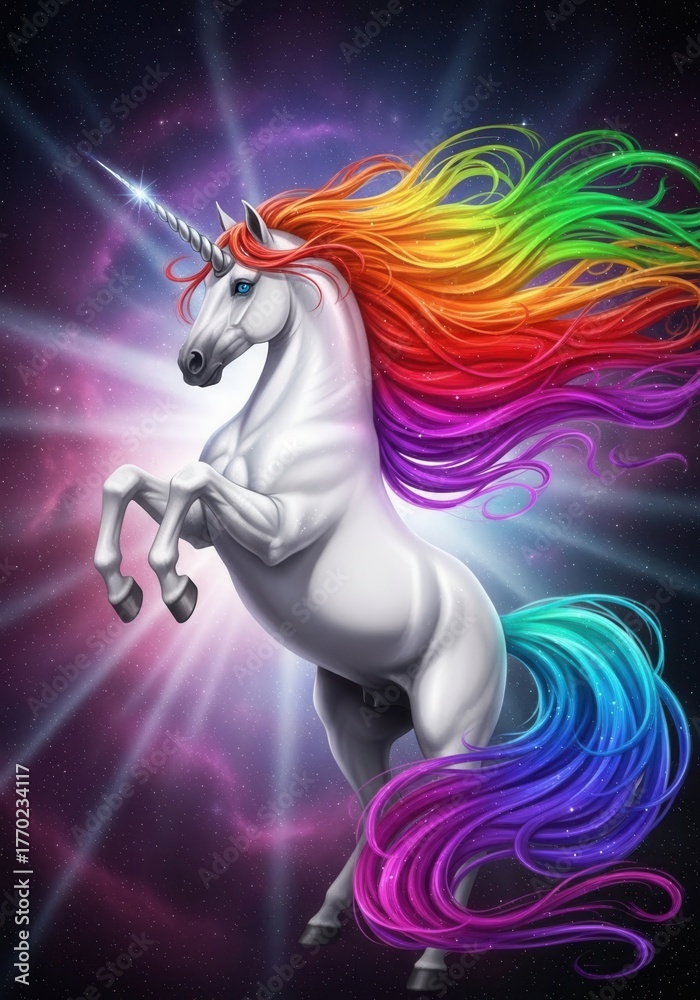 Naklejka premium A white unicorn with a rainbow mane standing on its hind legs