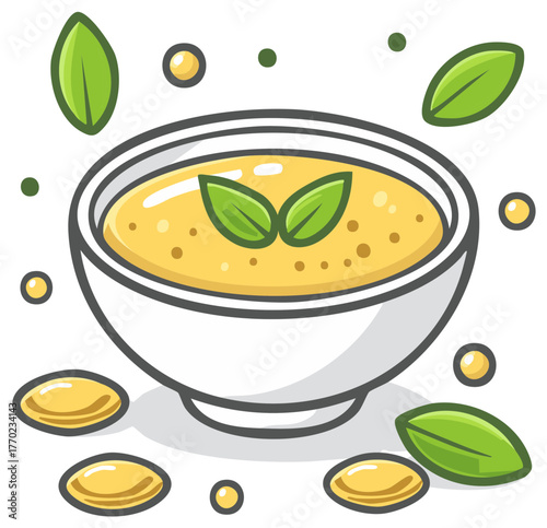 Fresh Vegetable Cream Soup in a Bowl with Green Leaves Garnish Cartoon Illustration