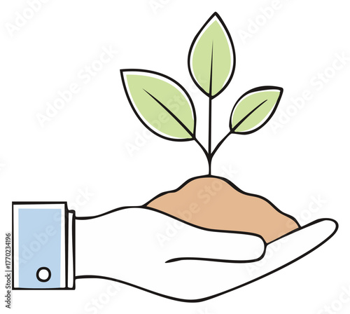 Business hand nurturing a small green plant sapling in soil for sustainable growth