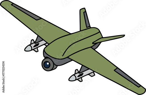 Cartoon Military Attack Drone Vector Illustration, Top View Green UAV with Missiles and Surveillance Camera