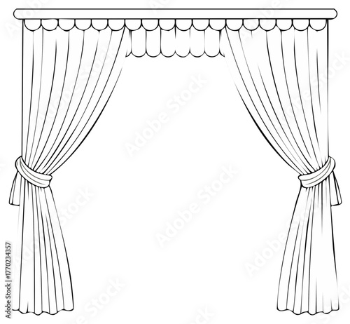 Elegant tied back stage curtains with scalloped valance line art illustration for decorative framing