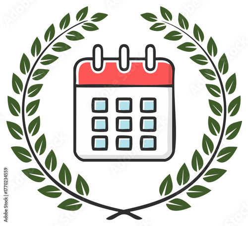 Calendar inside a green laurel wreath illustration for scheduling and time.