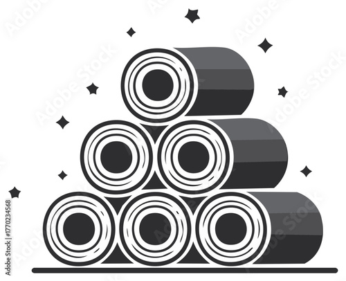 Clean vector icon depicting stacked cylindrical rolls with sparkling elements