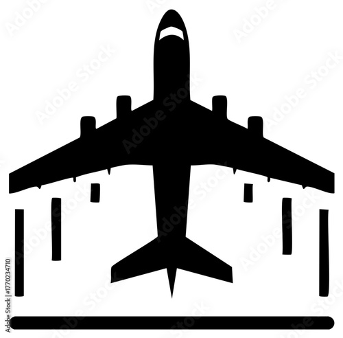Airplane silhouette from above on runway with navigational lights