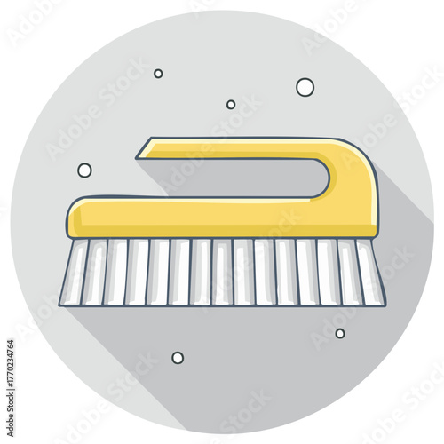 A yellow cleaning brush with white bristles and a long shadow