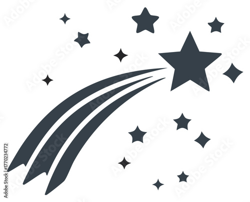 Dark star with comet tail illustration icon on white backdrop, space symbol graphic