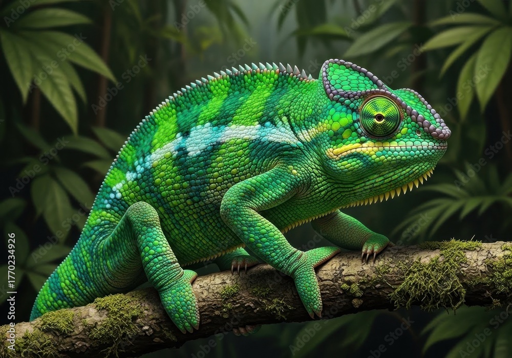 Obraz premium A green chameleon sitting on a branch in the jungle