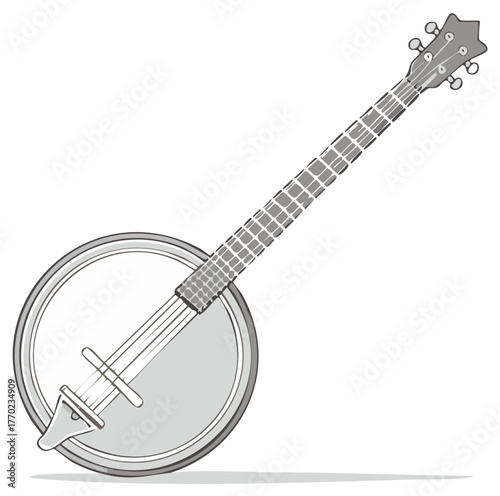 Elegant banjo stringed musical instrument vector illustration in greyscale with classic design