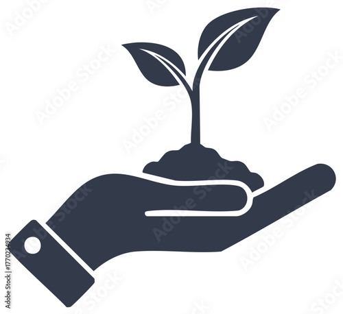 Hand holding a young plant icon representing new growth, nature conservation and sustainable development