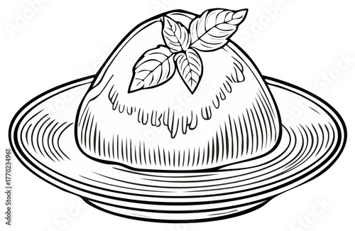 Engraved dessert dish adorned with fresh basil leaves presents detailed line work in monochrome art featuring an appetizing flavor