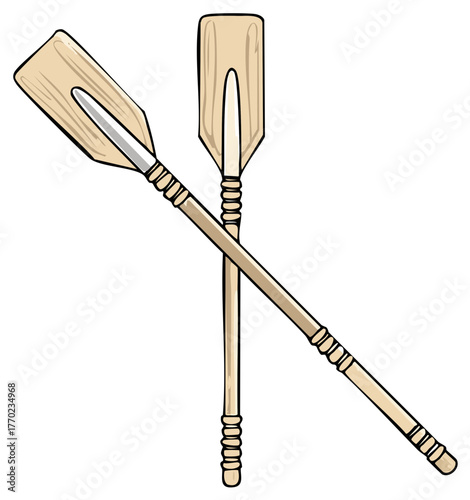 Two wooden oars crossed, one upright, the other diagonal, with textured handles and metal collar.