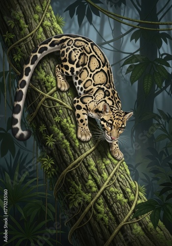 A jaguar is sitting on a tree branch in the jungle