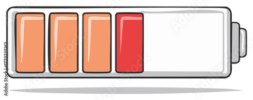 Low battery charge indicator with red warning level cartoon vector illustration