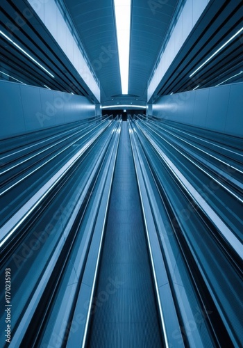 An escalator in a modern building with a blue light at the end