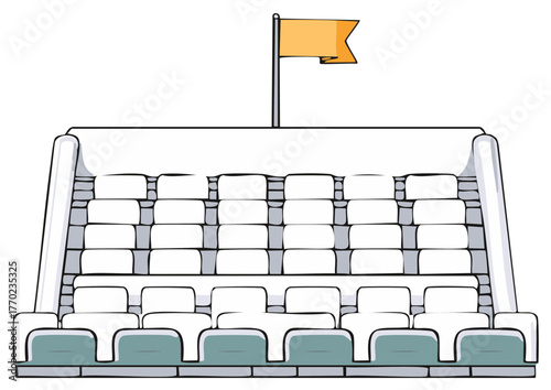 Empty Stadium Seating with Orange Flag on Pole Above White Rows
