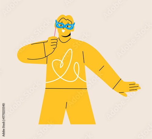 Woman holding party mask. Colorful vector illustration