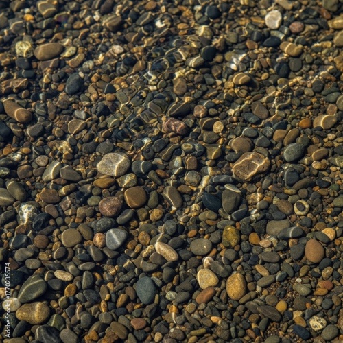 A close up of pebbles on the ground of a beach
