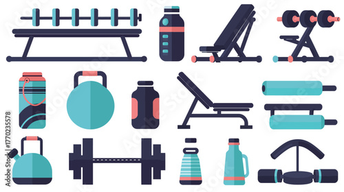 Flat icons of gym treadmill, barbell, and protein shake — fitness and workout equipment vector design