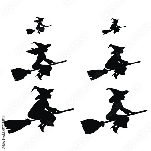 Witch Flying Silhouette SVG Bundle, Halloween Clipart Set, Broomstick Vinyl Decal