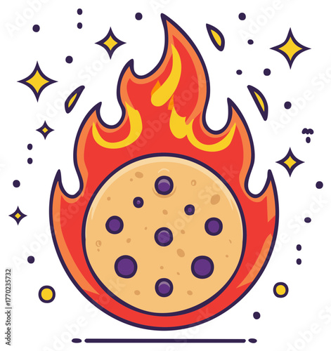 Fiery celestial body with craters surrounded by sparkling stars in a vibrant vector illustration.