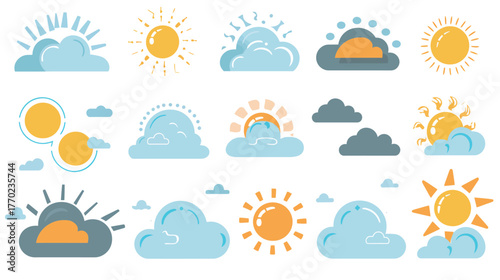 A solid vector icon set of different sun and cloud symbols