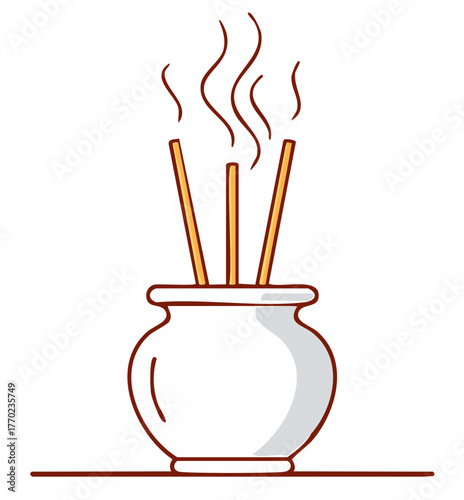 Burning incense sticks in a simple pot emitting fragrant smoke vector illustration