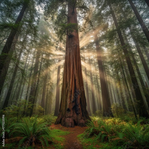 A large tree in the middle of a forest with sunbeams shining through the trees