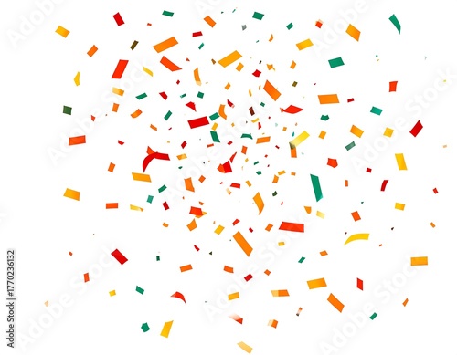 Colorful paper confetti bursting outward on a pure white background