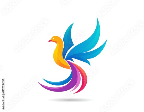 Colorful stylized bird in flight, featuring a gradient of vibrant hues