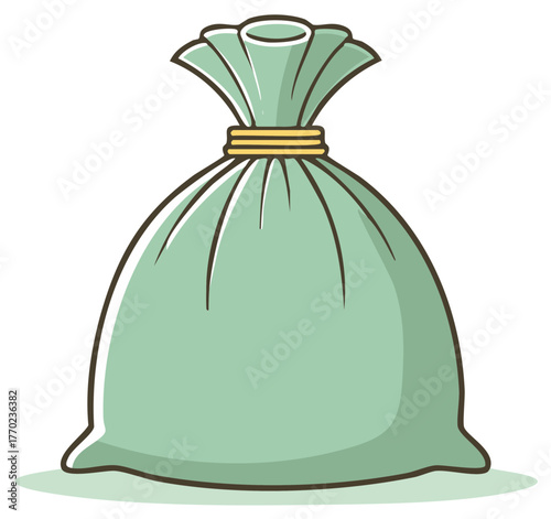 Cartoon illustration of a light green sack tied at the top with a gold band, loot bag, swag bag, or bag of goods, isolated