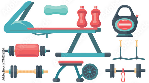 Flat icons of gym treadmill, barbell, and protein shake — fitness and workout equipment vector design