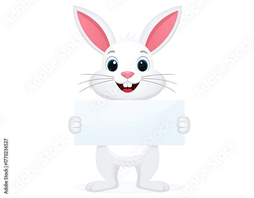 Cute cartoon rabbit, white fur, big eyes, holding a blank sign