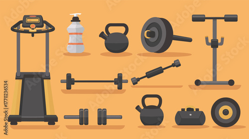 Flat icons of gym treadmill, barbell, and protein shake — fitness and workout equipment vector design
