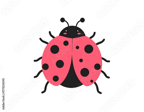 Cute, flat-design depiction of a bright pink and black ladybug