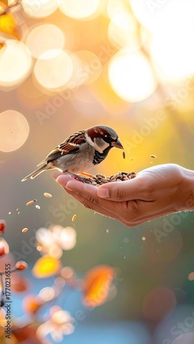 Brown Sparrow Feeding from Hand at Sunset
