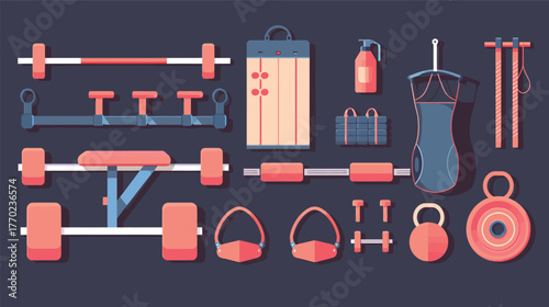 Flat icons of gym treadmill, barbell, and protein shake — fitness and workout equipment vector design