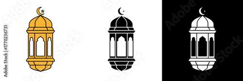 A classic golden lantern with a crescent moon on top, representing Ramadan and Islamic festivities. The clean vector style highlights tradition, celebration, and spiritual light.