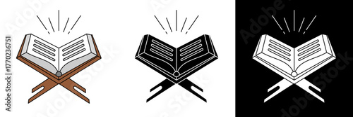 A minimalist illustration of an open Quran placed on a wooden rehal stand. Radiating light lines symbolize divine wisdom and spirituality. Ideal for Islamic and Ramadan-themed designs.