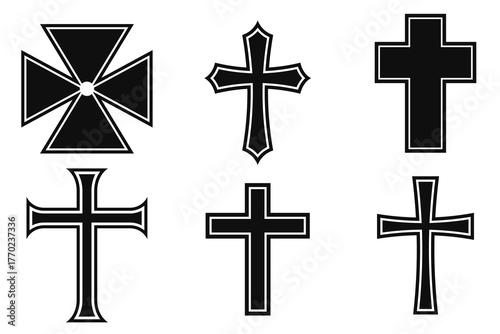 Vector image of a Christian cross silhouette in various styles. Concept of Orthodoxy and faith. Element for your design.