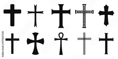 Vector image of a Christian cross silhouette in various styles. Concept of Orthodoxy and faith. Element for your design.