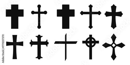 Vector image of a Christian cross silhouette in various styles. Concept of Orthodoxy and faith. Element for your design.