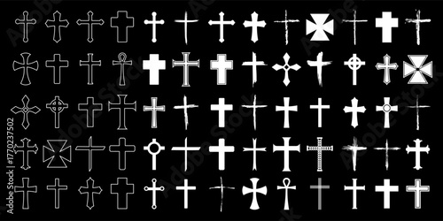 Vector image of a Christian cross silhouette in various styles. Concept of Orthodoxy and faith. Element for your design.