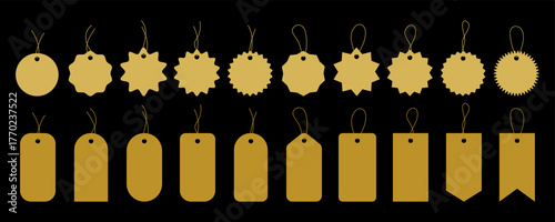 A set of golden round and rectangular price tags with a thread, isolated on a black background, vector illustration, flat design. Different forms of empty tags for offers, announcements, discounts