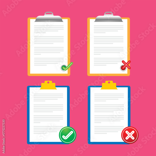 vector document clipboard with checklist and cross icons, Illustration clipboard with checklist icon 