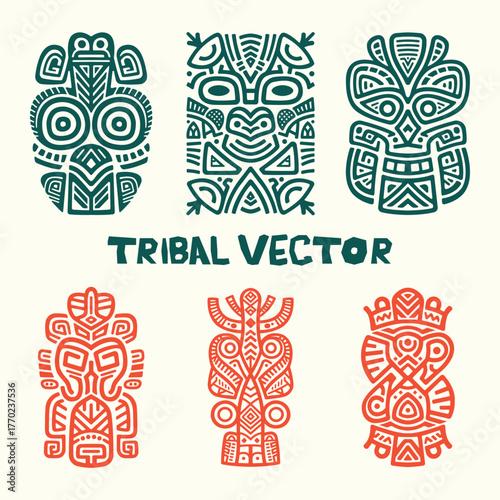 Traditional Tiki Totem Symbols with Geometric Ethnic Pattern