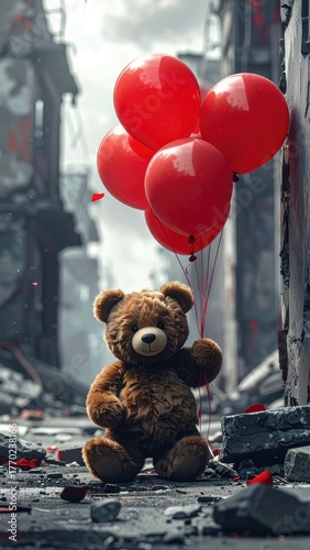 Brown Teddy Bear with Red Balloons in a Destroyed City