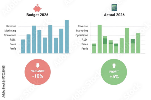 Forecast vs Actual 2026 Financial Performance Analysis Displaying Revenue, Marketing, Sales, and Profit Metrics with Budget Variance and Profit Growth
