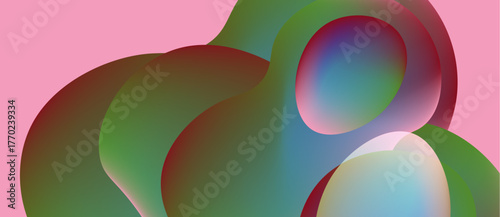 Abstract shapes overlap, creating vibrant color blends. Pink background contrasts with green, red, blue hues. Smooth gradients define forms.